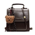 Vintage dark brown leather backpack with gold rivets and cute plush bear charm - With Pendant / Brown