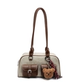 Sac Boston rétro bicolore gris et marron avec un joli pendentif ours en peluche - Avec Pendentif / Blanc Cassé