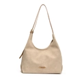 Beige matte suede hobo shoulder bag with golden logo plaque and adjustable slim strap - Off White