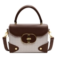 Chic two-tone crossbody box bag in cream woven fabric and brown leather trim - Off White