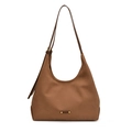 Minimalist brown suede Hobo tote bag with a golden logo plate and slim shoulder strap - Brown