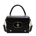 Chic black box crossbody bag with woven texture and gold oval metallic buckle - Black