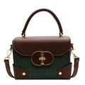 Green woven crossbody bag with brown leather trim and golden oval twist lock - Green