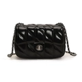 Chic black quilted faux leather crossbody bag with silver chain strap and metal lock - Black