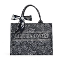 Bolso tote de lona con estampado paisley vintage, bordado y pañuelo de seda decorativo - Grande / Azul marino
