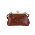 Dark brown faux crocodile skin kiss-lock handbag with bronze hardware and chain strap - Brown