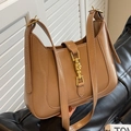 Borsa a secchiello retrò marrone kaki in pelle PU cerata lucida con fibbia dorata - Cachi