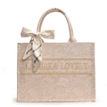 Bolso tote de lona beige con estampado paisley bordado dorado y pañuelo decorativo - Grande / Blanco Roto