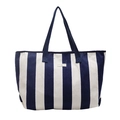 Bolso tote grande de lona a rayas azul marino con asas dobles y etiqueta tejida - Azul oscuro