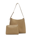 Conjunto de dos bolsos de cuero caqui con bolso de hombro grande y neceser pequeño con cremallera - Caqui