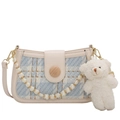 Bolso bandolera de tweed a cuadros azul y blanco con asa de cuentas y osito - Azul claro