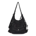 Grande borsa a spalla in denim nero con tasche multiple con zip e dettagli in argento - Nero