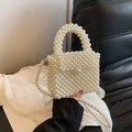 Handmade woven pearl mini crossbody bag with top handle and elegant long chain strap - Large