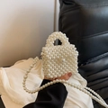 Handmade woven white pearl mini crossbody bag with a handle and long chain strap - Small