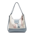 Tragetasche in Creme und Blau aus PU-Leder mit Katzenstickerei und Knoten-Anhänger - Mit Anhänger / Creme mit Blau