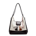 Minimalistische Kunstleder-Tote Bag mit Katzen-Silhouetten und zweifarbiger Naht - Mit Anhänger / Cremeweiß/Braun