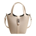 Secchiello intrecciato beige con chiusura a scatto argento e tracolla rimovibile - Bianco