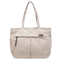 Grand sac cabas en toile beige avec anses en cuir marron et poches latérales - Gris Beige