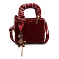 Mini red quilted crossbody bag with silk scarf handle and pearl charm detail - Burgundy