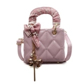 Pink quilted mini handbag with decorative scarf and pearl bow charm in patent leather - Pink