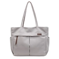 Sac cabas en toile gris clair avec anses en cuir marron foncé et poches plissées - Gris