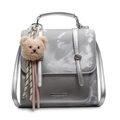 Silver metallic convertible backpack and crossbody bag with plush bear charm and ribbon - With Pendant / Silver