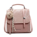 Pink minimalist crossbody bag with glossy patent leather flap and plush bear charm - With Pendant / Pink