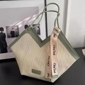 Vertical striped tote bag in creamy white and sage green with heart detail design - Green