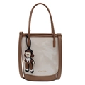 Bolso cubo minimalista con textura de mármol crema y adornos en cuero marrón - Blanco Crema (Con Colgante Marrón)