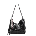 Black high-gloss leather hobo bag with contrast white stitching and mini coin pouch - With Pendant / Black