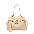 Minimalistische cremefarbene Leder-Tote-Bag mit silbernem Drehschloss für das Büro - Groß / Hellgrau
