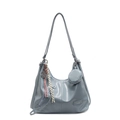 Light blue faux leather hobo bag with round charm and metal tennis racket pendant - Blue (With Charm)
