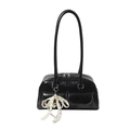 Sac bowling noir brillant avec longues lanières et pendentif noeud en dentelle - Noir