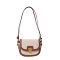 Borsa a sella vintage in tela beige e pelle marrone scuro con fibbia in metallo bronzato - Marrone