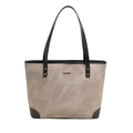Minimalist grey suede and black leather tote bag with elegant golden hardware accents - White