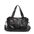 Bolso tote vintage negro de cuero sintético suave con detalles metálicos oscuros - gris oscuro