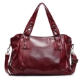 Retro burgundy tote bag in shiny PU leather with silver rivets and adjustable strap - Burgundy