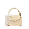 Chic cream leather crossbody tote bag with elegant white lace bow and round button - Off White