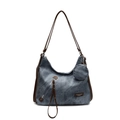 Borsa tote in tela blu con finiture in pelle marrone e una mini custodia rotonda - Blu Denim