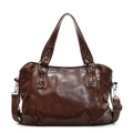 Dark brown retro tote bag in soft leather with adjustable shoulder strap and metal rivets - Dark Brown