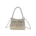 Bolso de perlas tejidas a mano con lazo plateado y cadena larga de perlas - Plateado