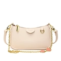 Beige Handtasche aus Leder mit goldener Kette und süßen Erdbeeranhängern - Weiß