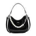 Bolso hobo negro de charol con cadena de perlas y detalle de corazón grabado - Negro