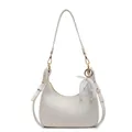 Borsa a mezzaluna bianca in pelle litchi con ciondolo a fiocco di perle e pizzo - Bianco Sporco