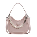 Bolso hobo rosa de charol con diseño de corazón y cadena de perlas decorativa - Rosa