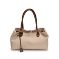 Große beige Canvas-Tragetasche mit braunem Lederbesatz und goldenen Schnallendetails - Groß / Braun