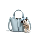 Light blue lychee pattern leather bucket bag with cute puppy pendant and crossbody strap - Blue
