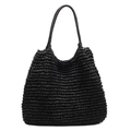 Chic black straw tote bag with horizontal woven texture for casual beach vacations - Black
