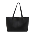 Minimalist black faux leather tote bag with vertical stitching and double shoulder straps - Black