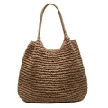Borsa tote in paglia intrecciata marrone chiaro con spalline sottili per stile casual - Cachi